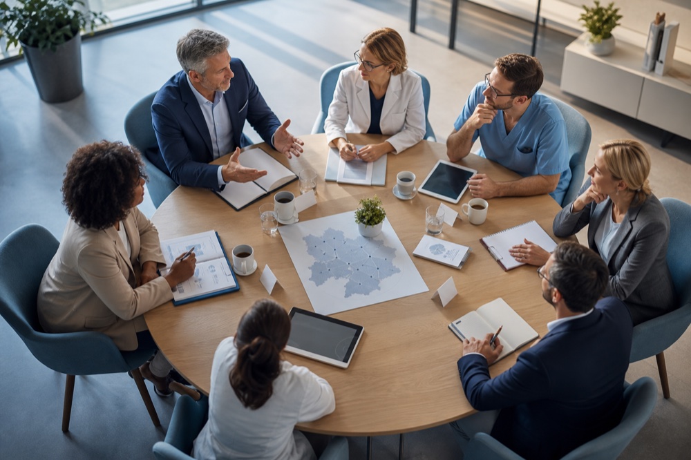 Gesundheitsfachkräfte und gematik-Team im Austausch an einem runden Tisch